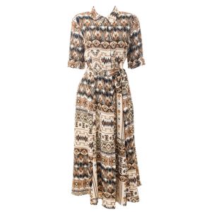 Vestido Chemise Estampa Étnica Marrom e Cinza