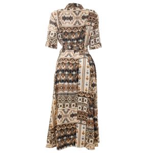 Vestido Chemise Estampa Étnica Marrom e Cinza