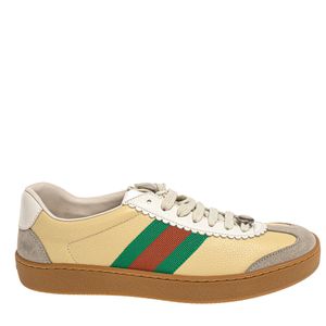 Tênis Gucci Couro Bege e Faixa Web