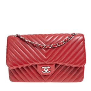 Bolsa Chanel Double Flap Chevron Caviar Vermelha