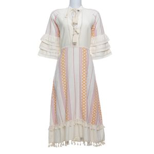 Vestido Detalhe Franjas Bege e Laranja