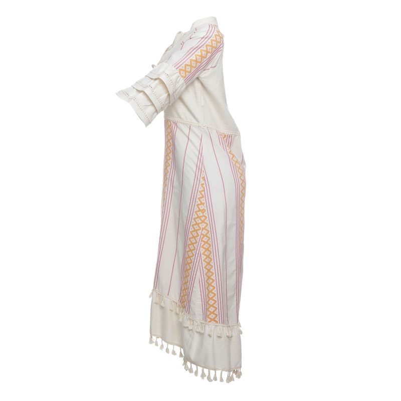 Vestido-Detalhe-Franjas-Bege-e-Laranja