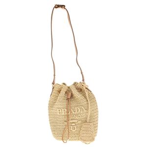 Bolsa Prada Bucket Logo Ráfia e Couro