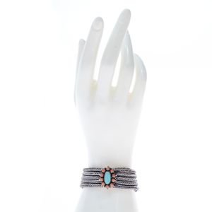 Pulseira Vintage Cordas Prateadas e Pedra Bicolor