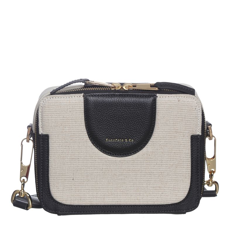 Bolsa-Escudero-Couro-e-Tecido-Preto-e-Creme-