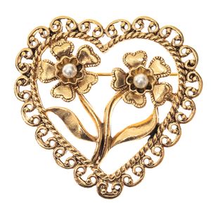 Broche Vintage Coração Flor Dourado